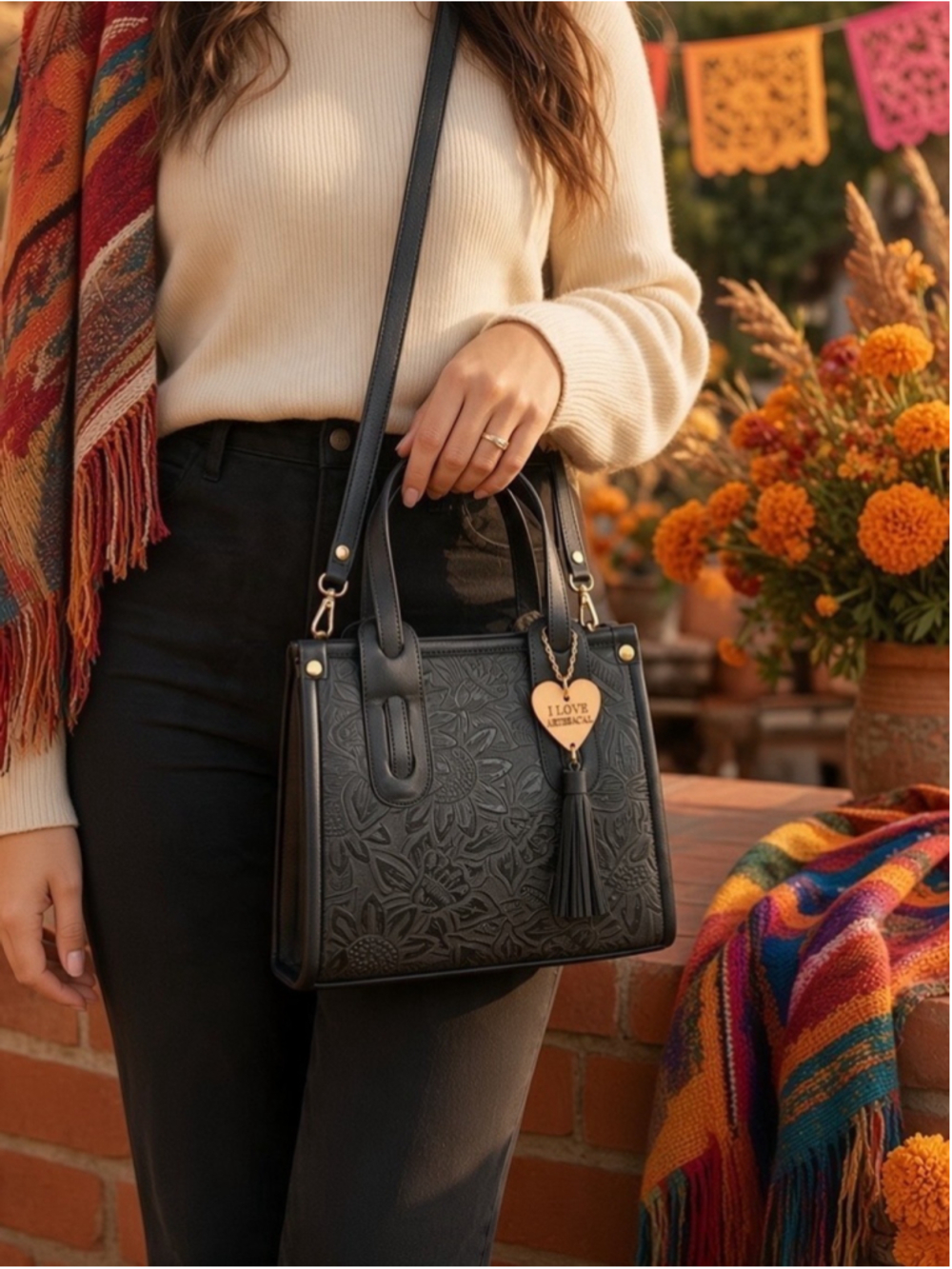 Tierra Bonita Midnight Black Floral Embossed Leather Artisan Handbag Crossbody